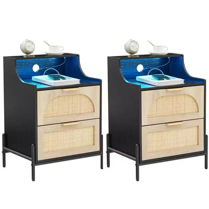 2-Pack Black Rattan Nightstand with Charging Station C USB Port, LED Lights & 2 Drawers, Modern Bedside/End Table for Bedroom, Living Room & Dorm