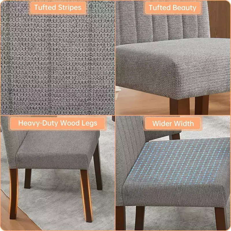A set of four dining chairs with soft cushions, decorated with buttons, featuring wooden legs and soft seats, suitable for dining rooms kitchens gray