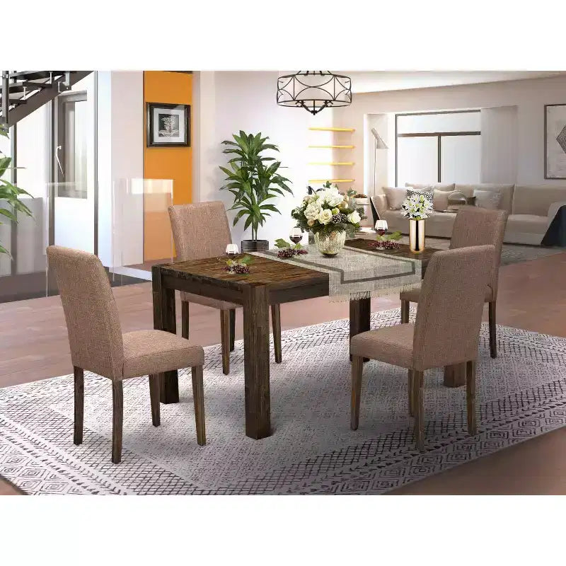 HomeStock 5-Pc Rectangular Natural Brown Finish Solid Wood Top-Upholstered Dining Room Set-Seats 4