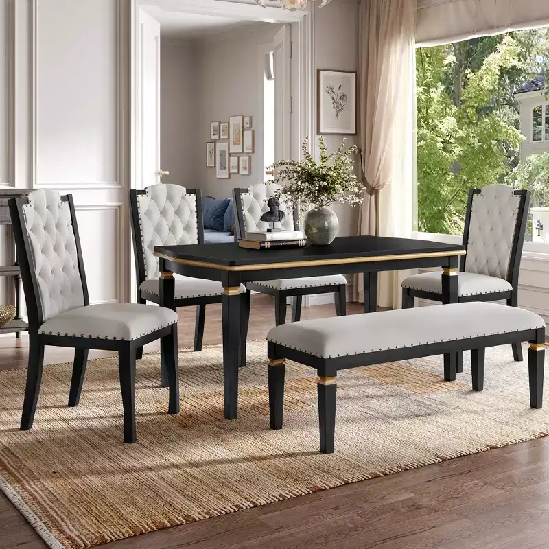 GDFStudio Mathis 6-Piece Dining Table Set with 60 Rectangular Table and 4 High-Back Tufted Chairs & 1 Bench