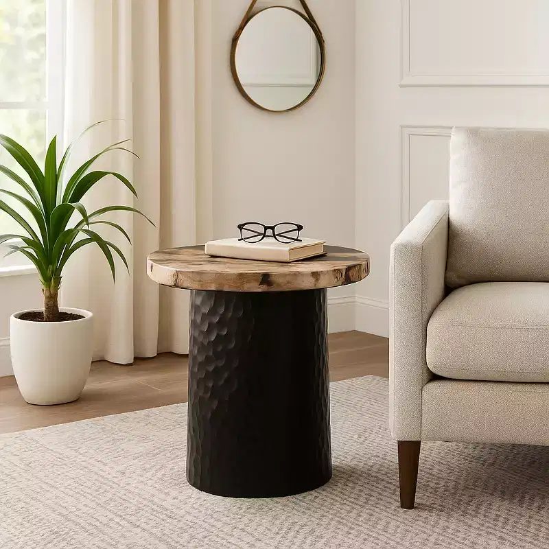 Rustic End Table, Side Table, or Night Stand for Home Decor - Metal Bedside Table with Hammered Cylinder Base and Wood Top - 18 Brown & Black