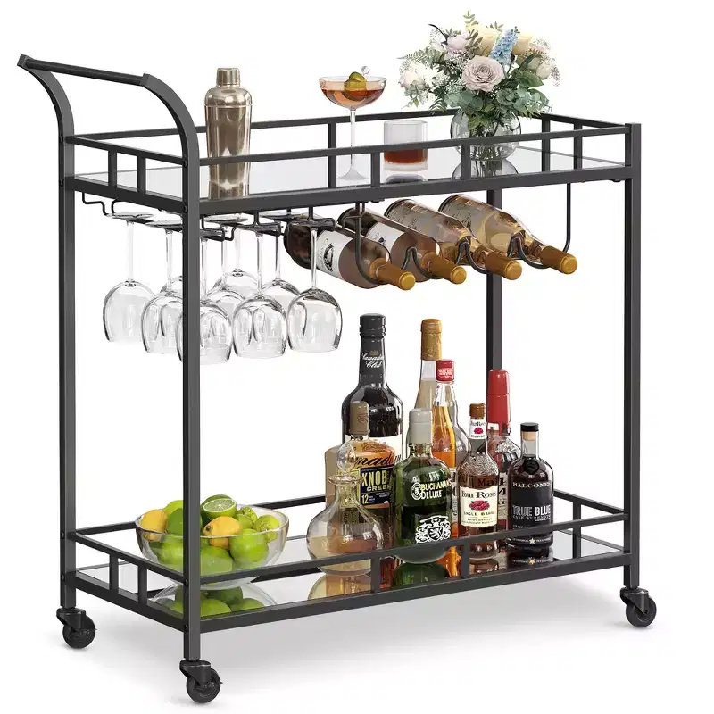 LEDREM Bar Cart, Home Bar Serving Cart, Wine Cart, Wine Holders, for Kitchen, Dining Room, Gold, Black, Silver, Rose Gold