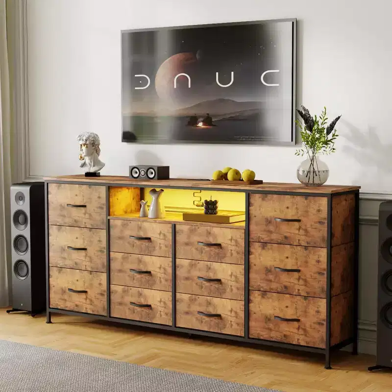 12 Drawer Dresser TV Stand for 65 70 75 Inch TV,63 W Extra Long White Dresser for Bedroom,Entertainment Center with Drawers,Fabric Drawers for Closet