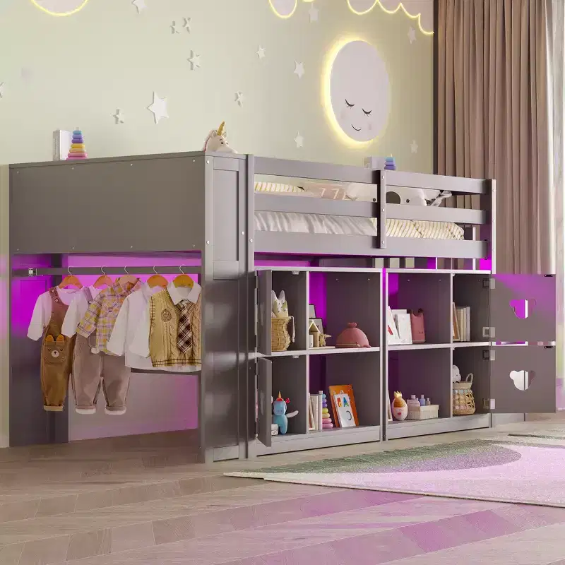 Whisen Twin Low Loft Bed with Storage Headboard and Shelves