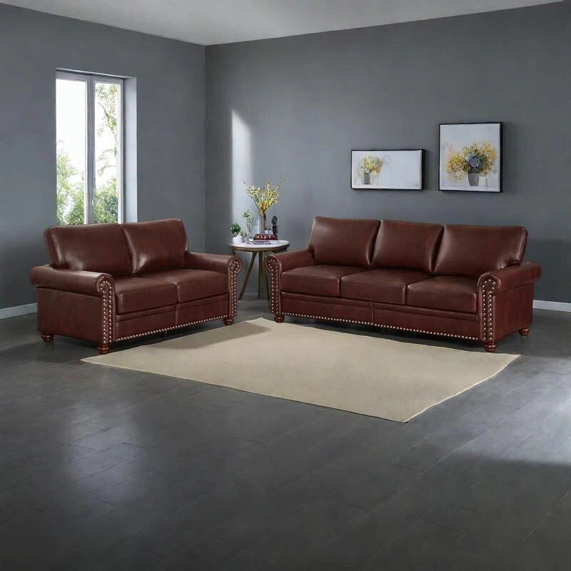 2-Pieces Mid-Century Modern Faux Leather Sofa Set with Storage, 3+2 Seater