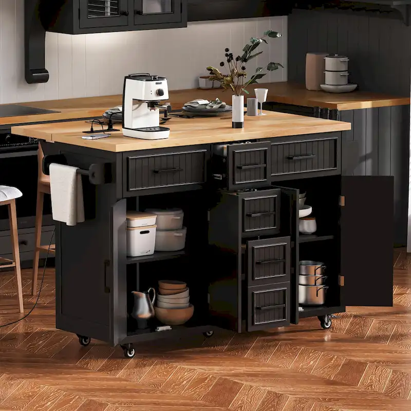 Kitchen Storage Island on Wheels with Drop Leaf & Power Outlet, 56.5 Kitchen Island with 4 Doors , 5 Deep Drawers