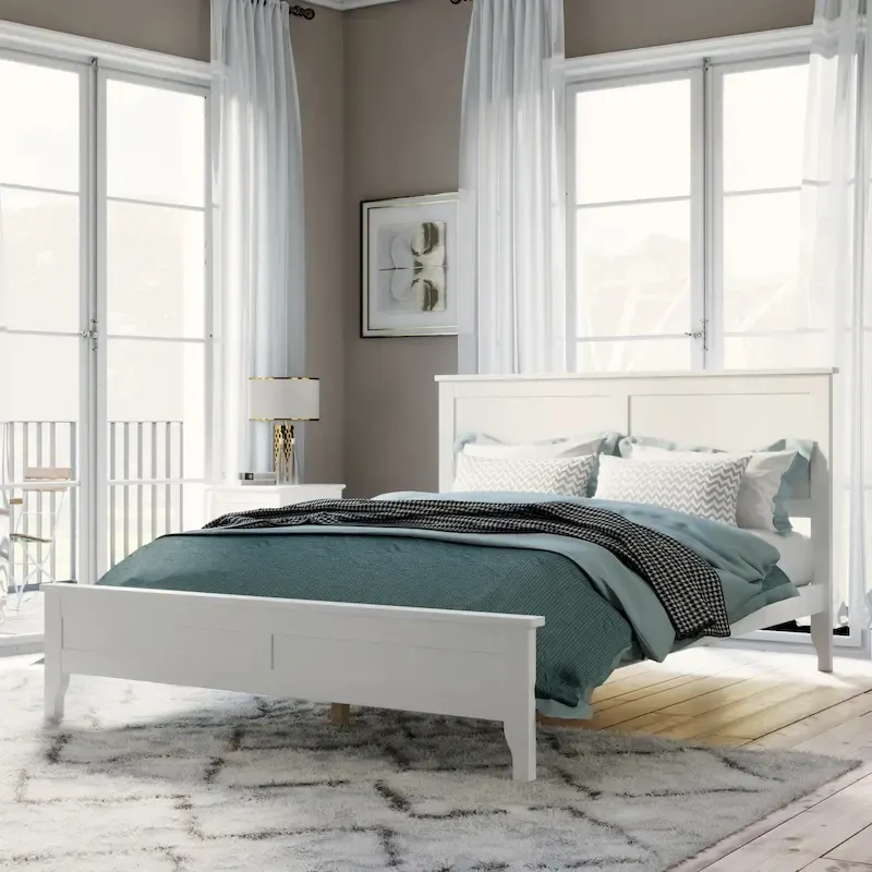 White Pine Wood Platform Bed with Headboard and Tapered Legs