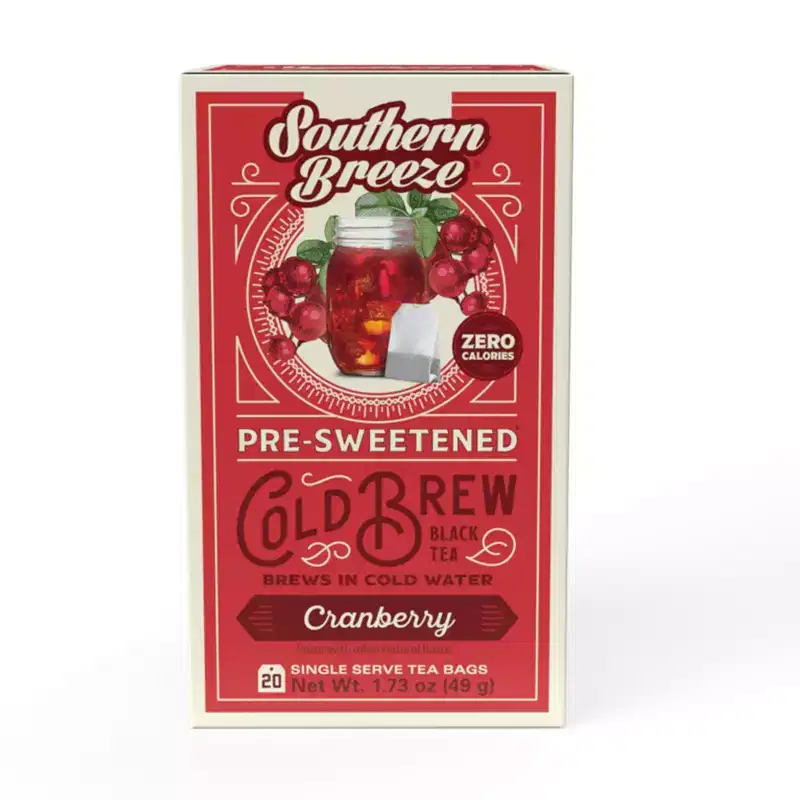 Southern Breeze Cold Brew Sweet Tea Cranberry Iced Tea with Black Tea and Zero Carbs Zero Sugar, 20 Individually Wrapped Tea Bags