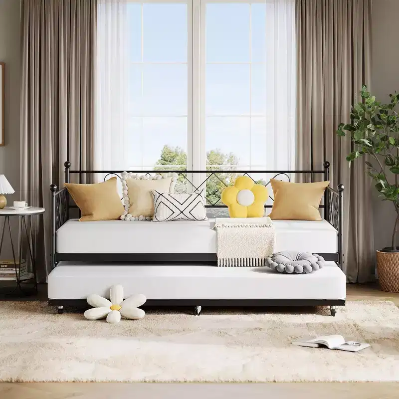 Twin Metal Daybed with Trundle – Black/Pink/Purple/White, Sleeps 2