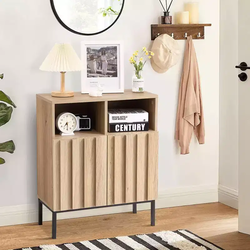 2 pack Buffet Cabinet, Modern Industrial Sideboard with Storage, Fluted Coffee Bar Table with Metal Legs