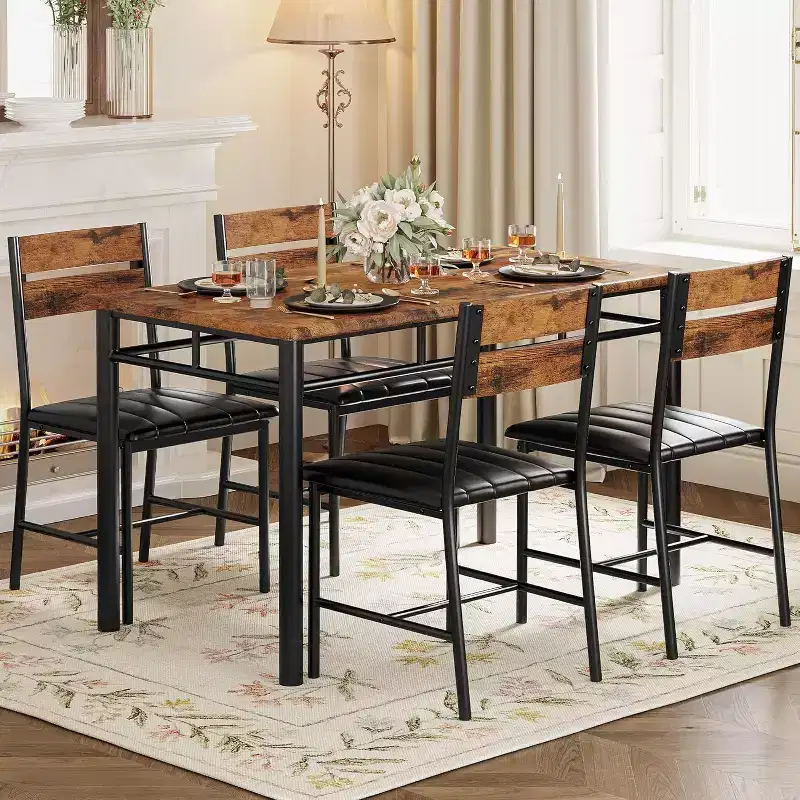 5 Piece Dining Table Set, Wooden Industrial Rectangular Kitchen Dinner Table w/ 4 Upholstered High Back Chairs Set, for Kitchen, Apartment