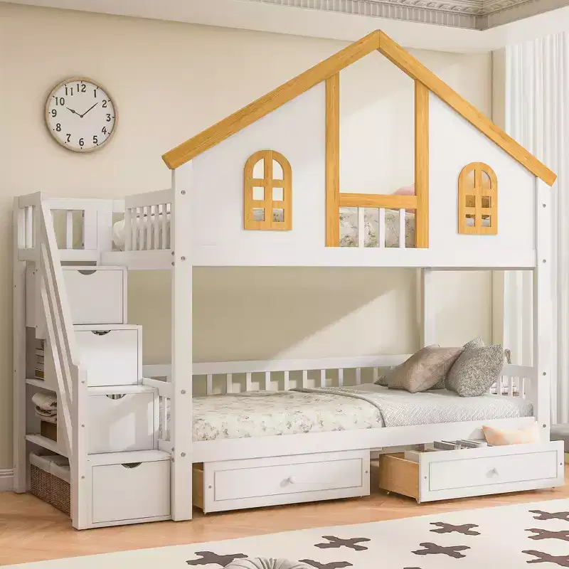 Twin/Full Size Bunk Bed Playful Loft Bed Kids House Bed with Trundle/Storage Drawers & Staircase, Whimsical Window Door & Roof Design - ModernLuxe