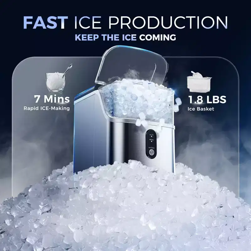 Simzlife 35 Lbs. Countertop Nugget Ice Maker, Stainless Steel Portable Ice Maker Machine with Self-Cleaning Function, Silver