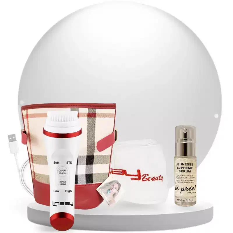 LINSAY Ultra-Sonic Facial & Body cleansing Brush with Temperature control Super SPA Bundle with Potent Anti-Aging Serum USB Cable Headband & Bag