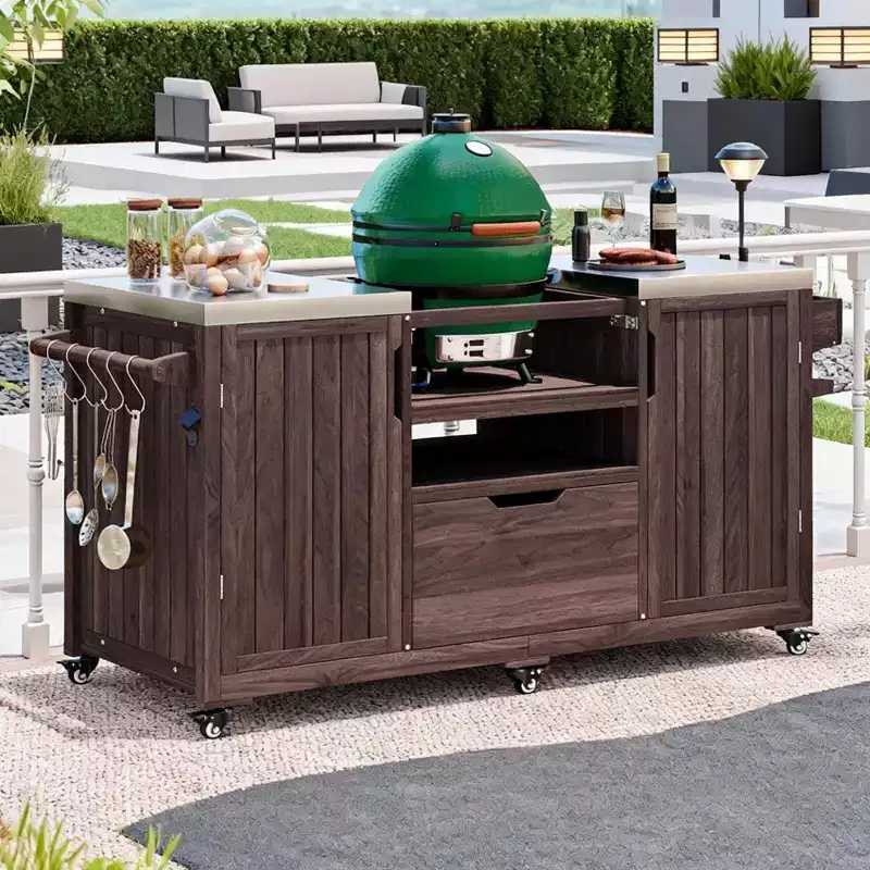 Outdoor Kitchen Island Grill Cart for Big Green Egg & Kamado Joe, Solid Wood Table with Stainless Steel Top, Drawer, Fits Large Grills, Dark Brown