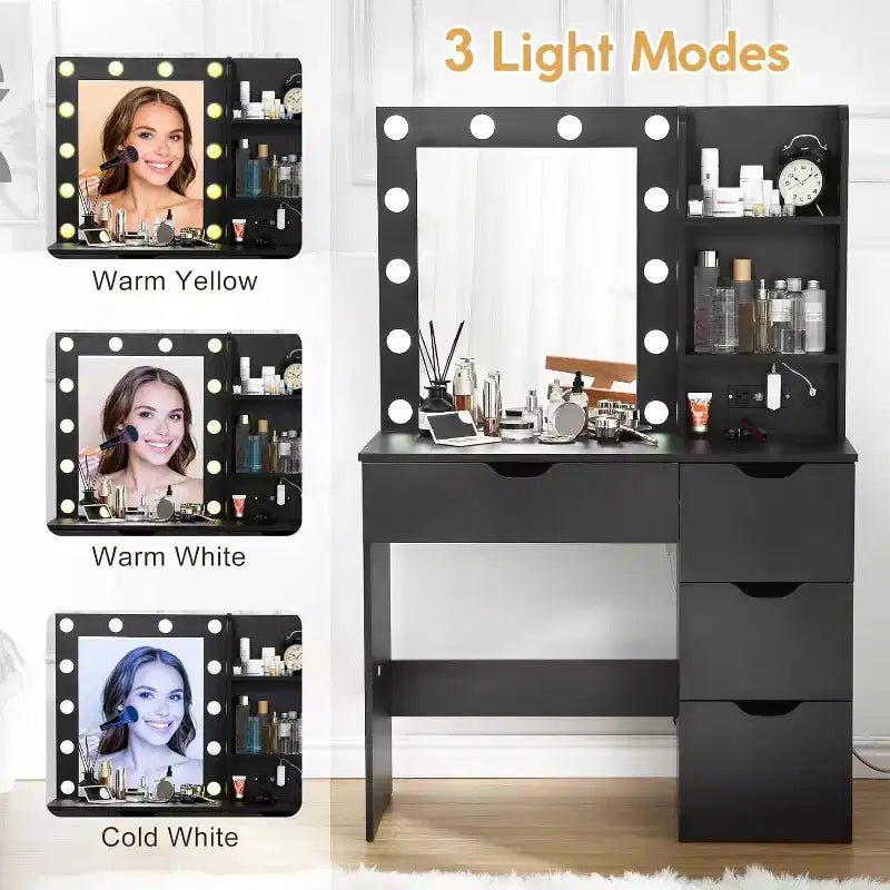Makeup Vanity with Mirror and Lights, 3 Lighting Modes Vanity Desk with 4 Drawers and Built-in Power Strip
