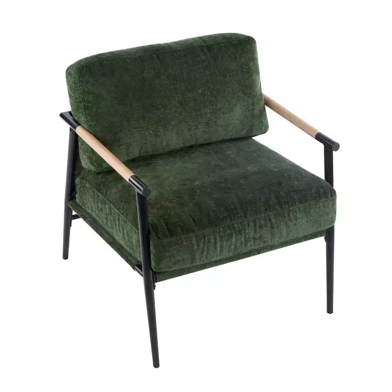27.56-Inch Modern Accent Chair with Plush Cushions, Metal Frame and Wooden Armrests, for Various Rooms