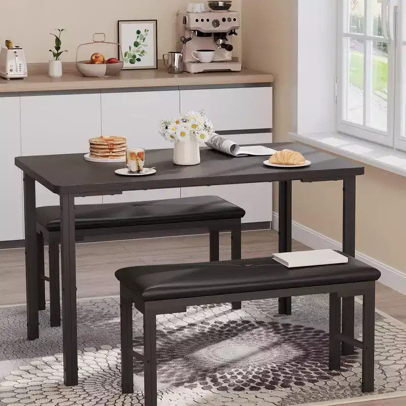 Dining Table Set for 4, 3-Piece Kitchen Table w2 Upholstered Benches, Space-Saving Dining Room Set for Breakfast Nook and Small Spaces,Outdoor Indoor