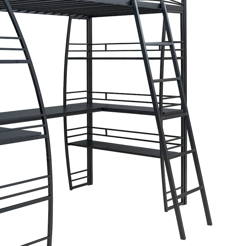 Metal Loft Bed Frame, Under Bed with 4 Layers of Shelves & L-shaped Desk, Desktop with Sockets, USB Ports, Wireless Charging