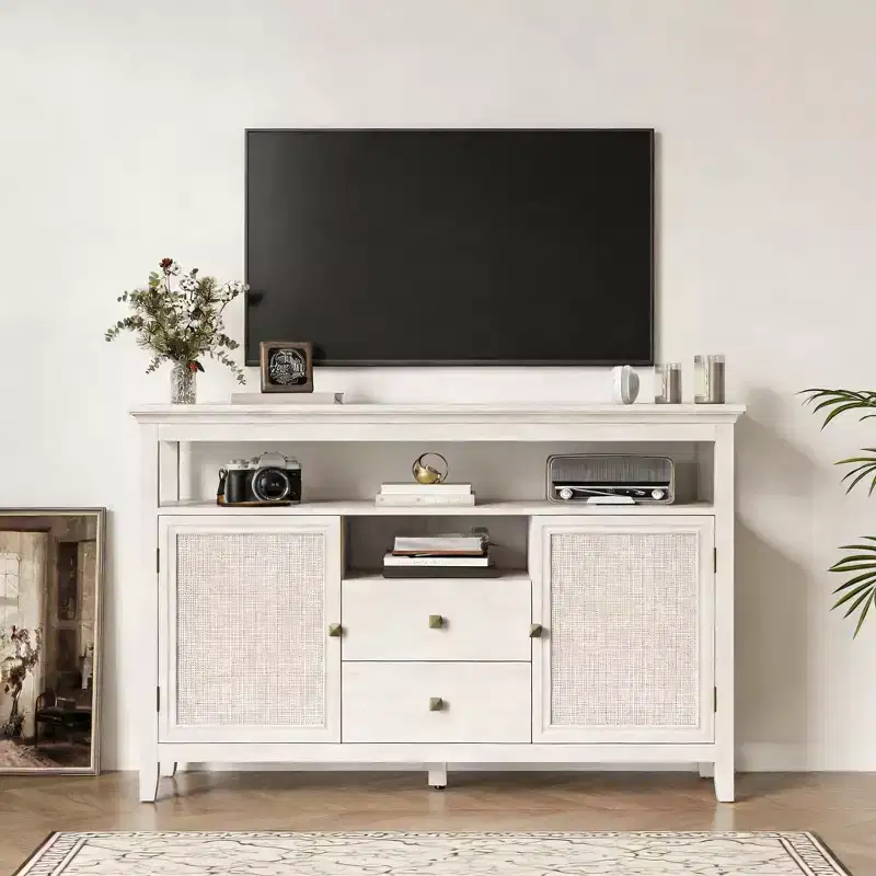 JVNOXK 52.8 Rattan Sideboard, Boho Farmhouse Storage Cabinet with Adjustable Shelves, Accent Buffet Cabinet for Kitchen White