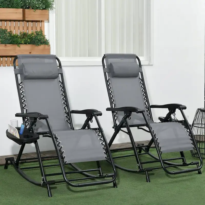 2 Pieces Foldable Reclining Zero Gravity Lounge Rocker with Pillow