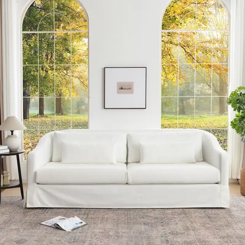 KINWELL 3-Seater Linen Slipcovered Sofa with 4 Pillows and Skirt, 90W