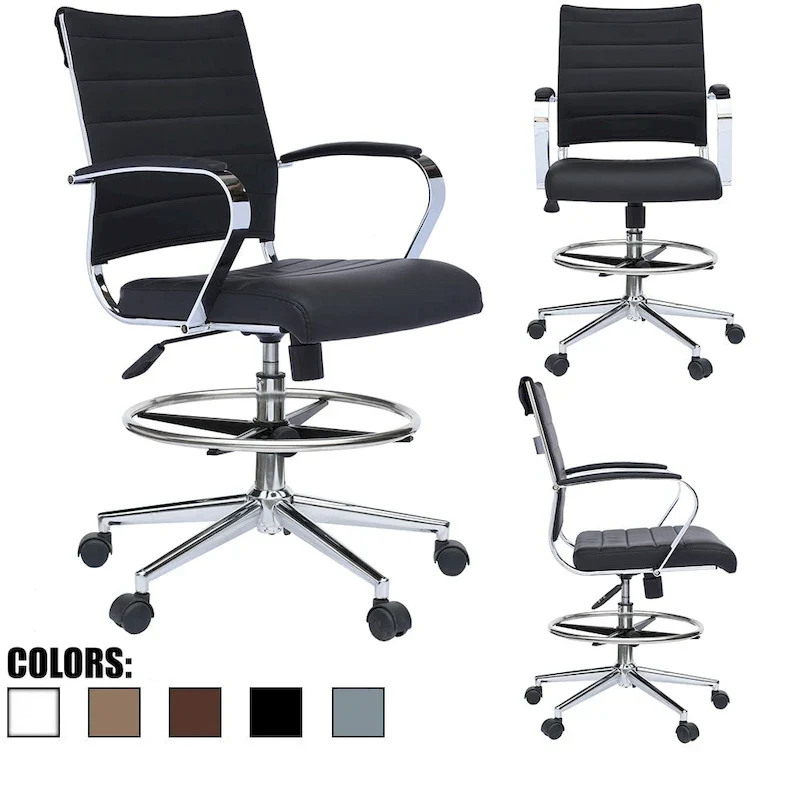 Mid Back Drafting Chair PU Leather Swivel Adjustable Height with Arms and Footring