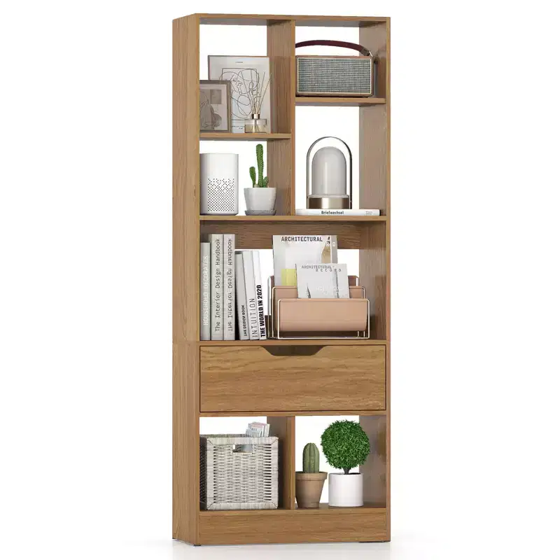 Costway 1 PCS 51 Tall Bookcase with Drawer 7 Open Cubes Anti-toppling Kits for Study Home Office Natrual/White