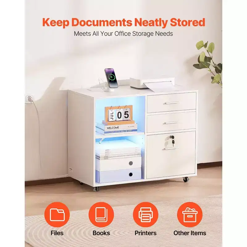 3-Drawer Wooden File Cabinet with LED Light Strip Lockable Rolling with Adjustable Shelves Printer Stand