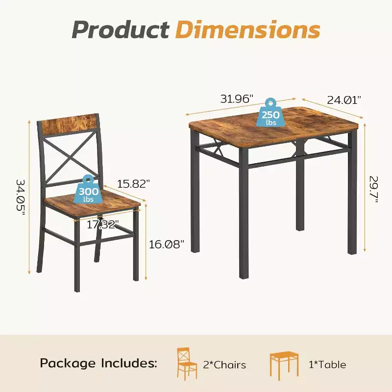 Zevemomo 3-Piece Dining Table Set for 2 with Small Table and 2 Curved Backrest Chairs for Small Apartment, Kitchen, Brown