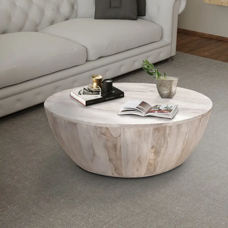Arthur 35.5 Inch Round Mango Wood Coffee Table Subtle Grains