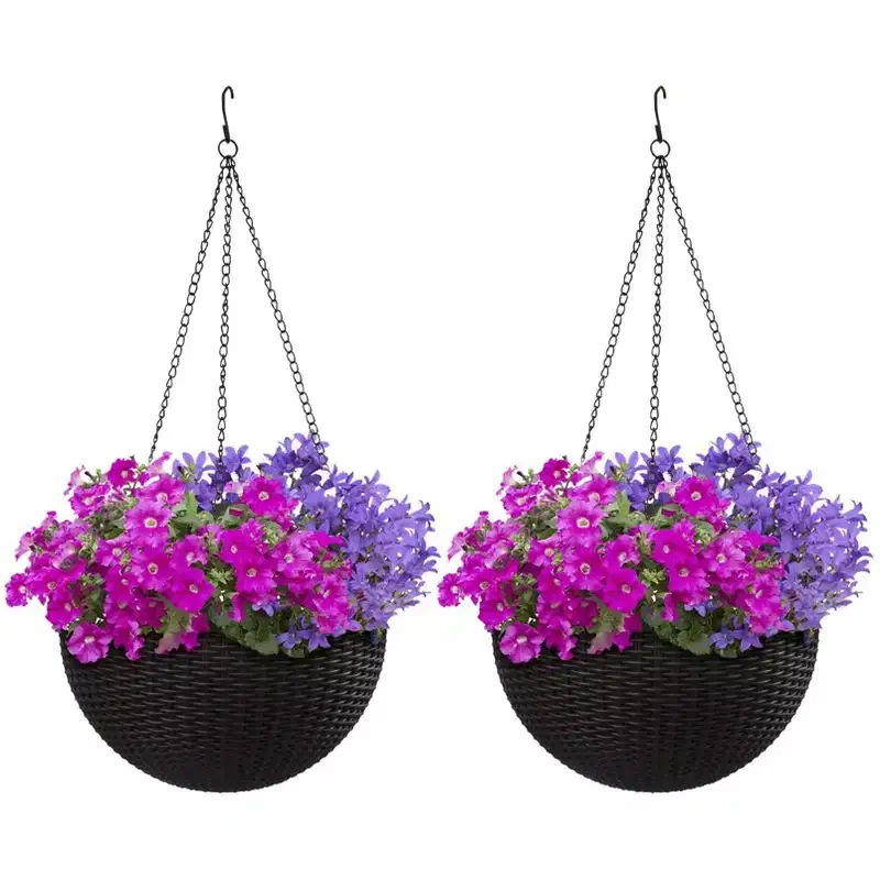 Sorbus Hanging Planter Round Self-Watering Basket, Resin Woven Wicker Style, Great for Home, Garden, Patio - Espresso Brown (Large, 2-Pack)
