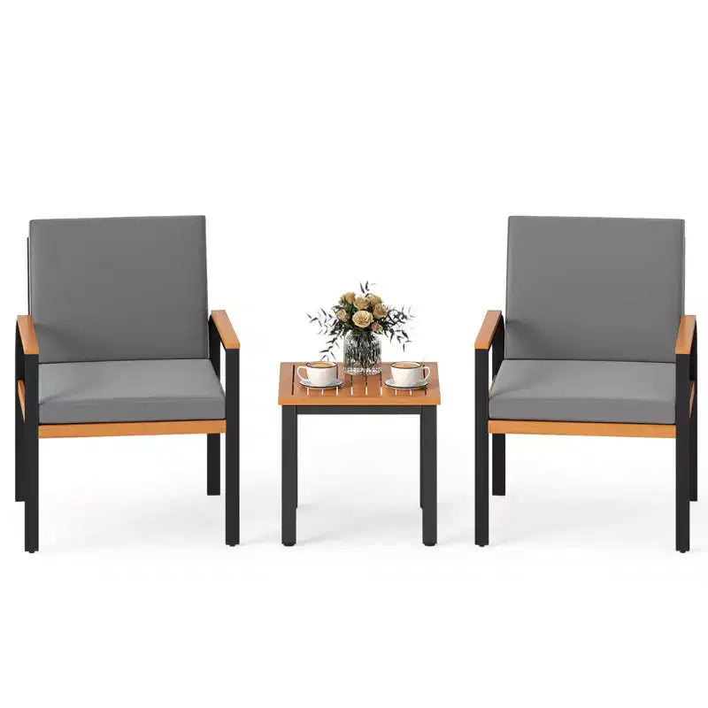 Costway 3 PCS Patio Furniture Set with Coffee Table Removable Cushions Acacia Wood Armrests Black/Gray