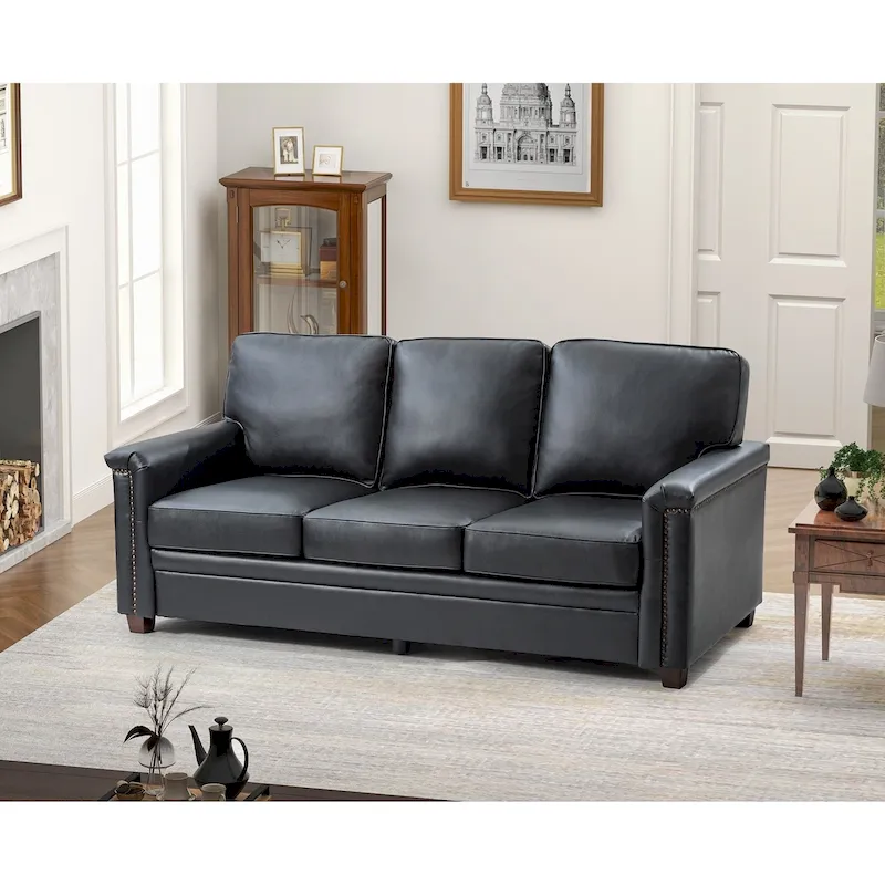 Rita Living Room 3-Seat Genuine Leather Sofa with Solid Wood Legs and Nailhead