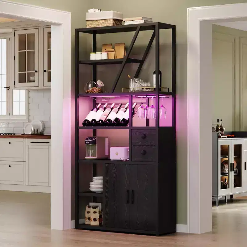 71.2in Tall Coffee Bar Station with Power Outlet, LED Light and Glass Holder, Wine Liquor Cabinet for Living Room, Microwave Stand Bakers Rack