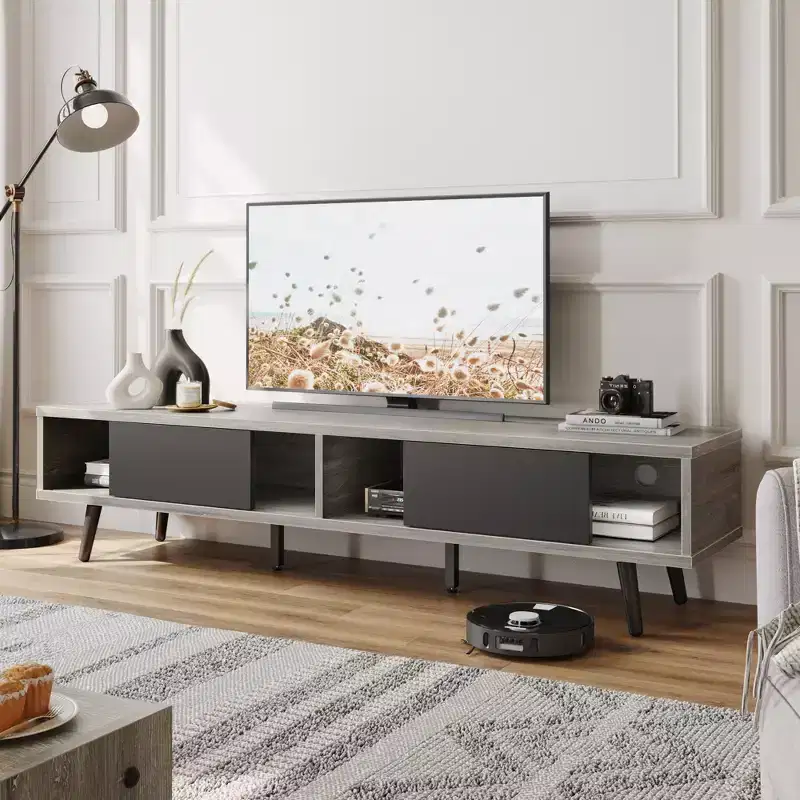 70 in Mid-Century Modern TV Stand | Fits 65/70/75 in TVs | Sliding Doors | Low Entertainment Center
