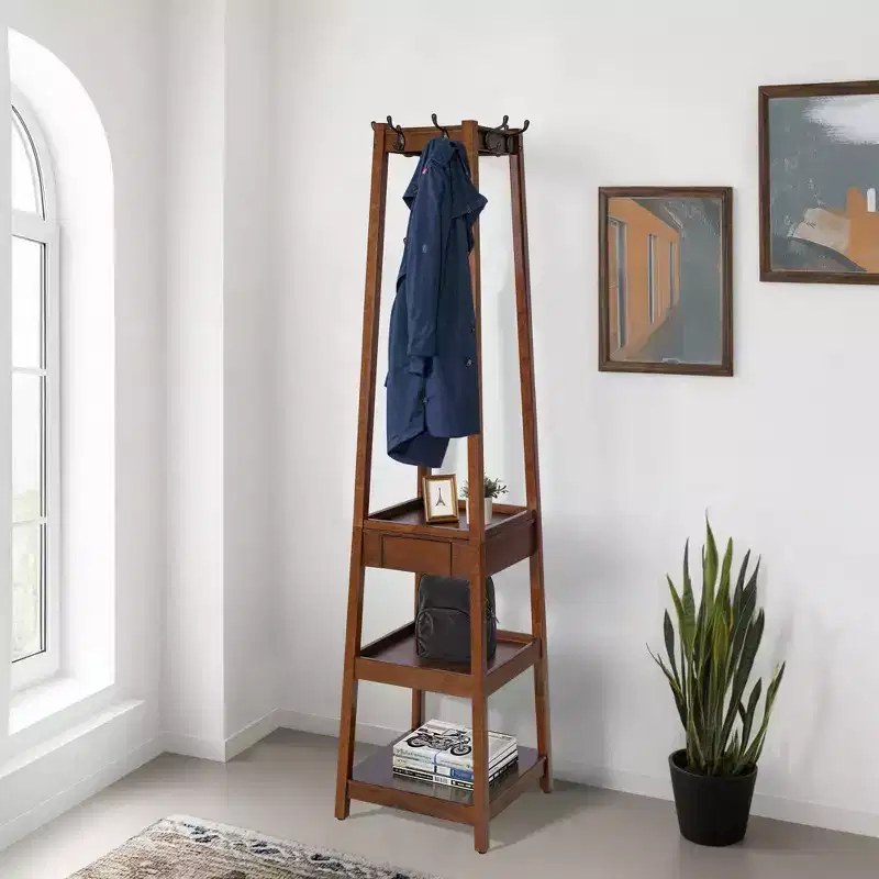 eHemco 70.2 H Wooden Coat Rack Stand with 8 Hooks, 3 Storage Shelves and Drawer, Heavy Duty Hall Tree, Coffee