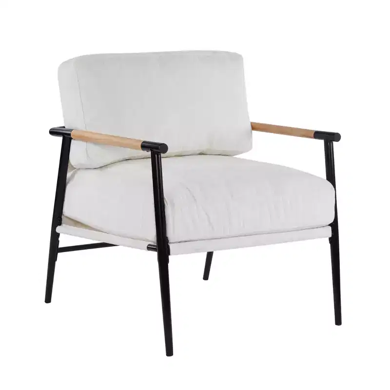 27.56-Inch Modern Accent Chair with Plush Cushions, Metal Frame and Wooden Armrests, for Office or Living Room