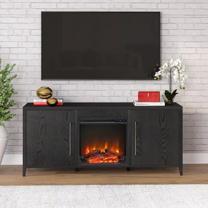 Rectangular TV Stand with Electric Fireplace – Black Grain / White / Charcoal Gray, Modern Style, Fits TVs up to 65 Inches