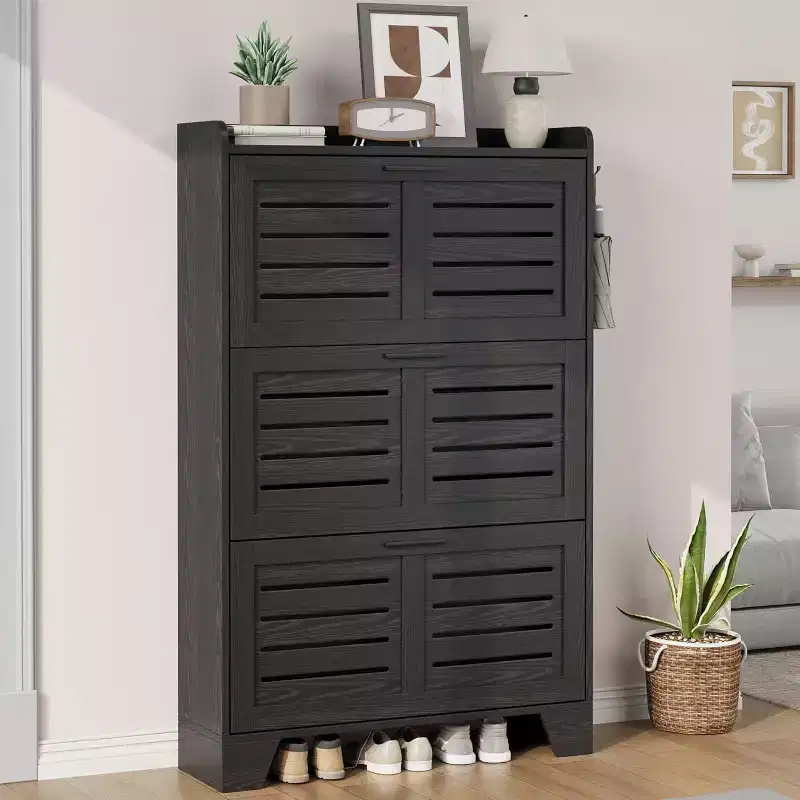 Shoe Cabinet Storage for Entryway, Slim Shoe Storage Cabinet with 3 Flip Drawers, Freestanding Hidden Narrow Shoe Organizer Cabinet with Hooks