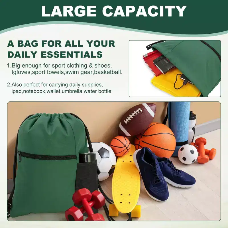 Narwey Men & Women Outdoor Sport Gym Sack Waterproof Drawstring Backpack Bag -dark green