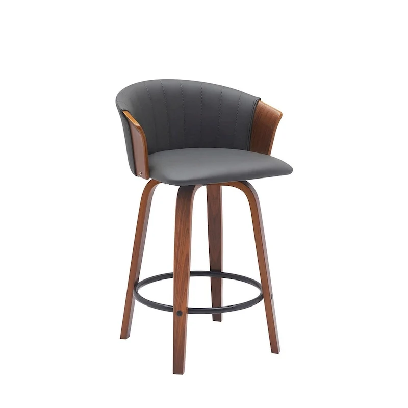 26 Inch Swivel Counter Stool Chair, Gray Faux Leather, Walnut Brown
