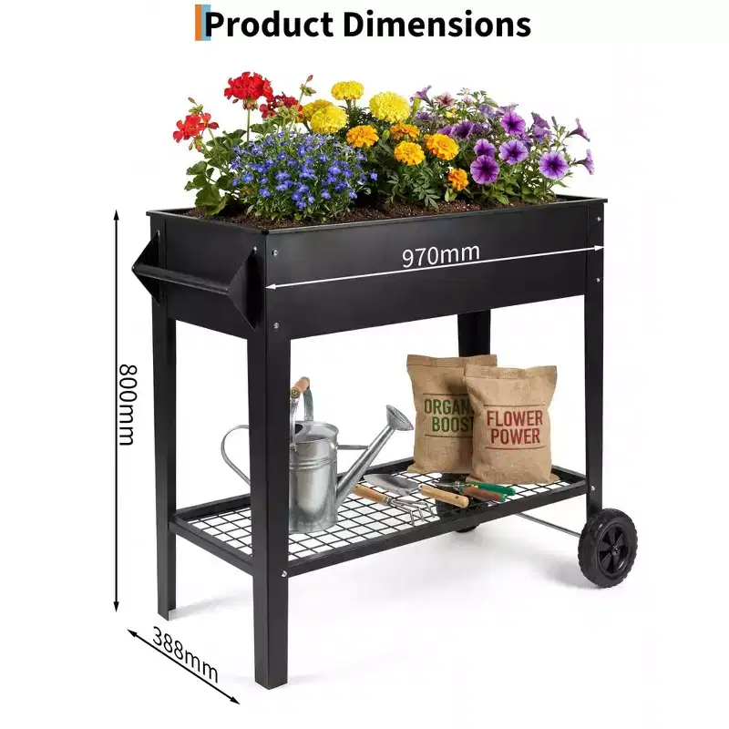 Mobile Raised Garden Bed with Wheels, Metal Elevated Planter Box with Storage Shelf, for Patio, Balcony & Backyard Gardening