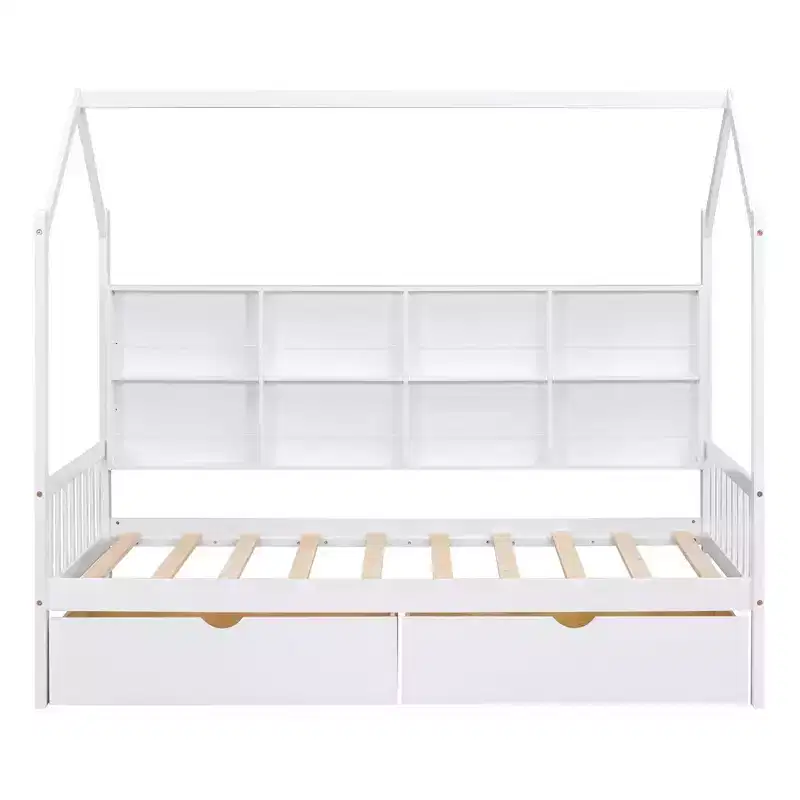 Wooden Twin Size House Bed With 2 Drawers, Storage Shelf Kids' Bed, Multifunctional Sky Roof House Bed Frame, White_Twin Size 1