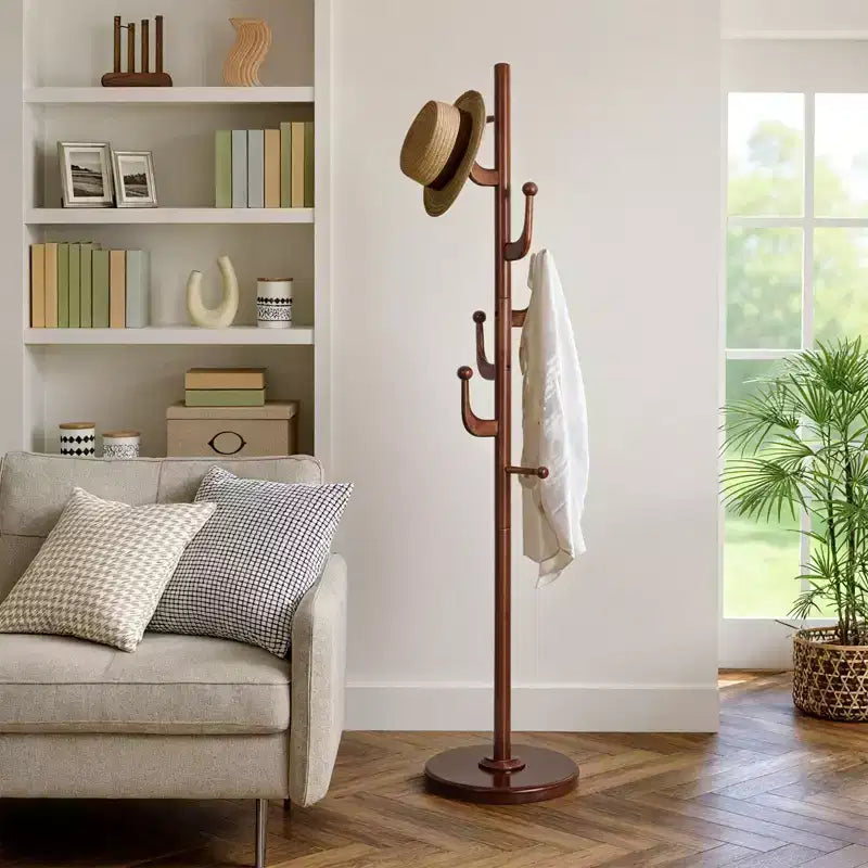 Cactus Freestanding Coat Rack, Solid Wood Coat Tree with 7 Hooks and Sturdy Round Base for Entryway