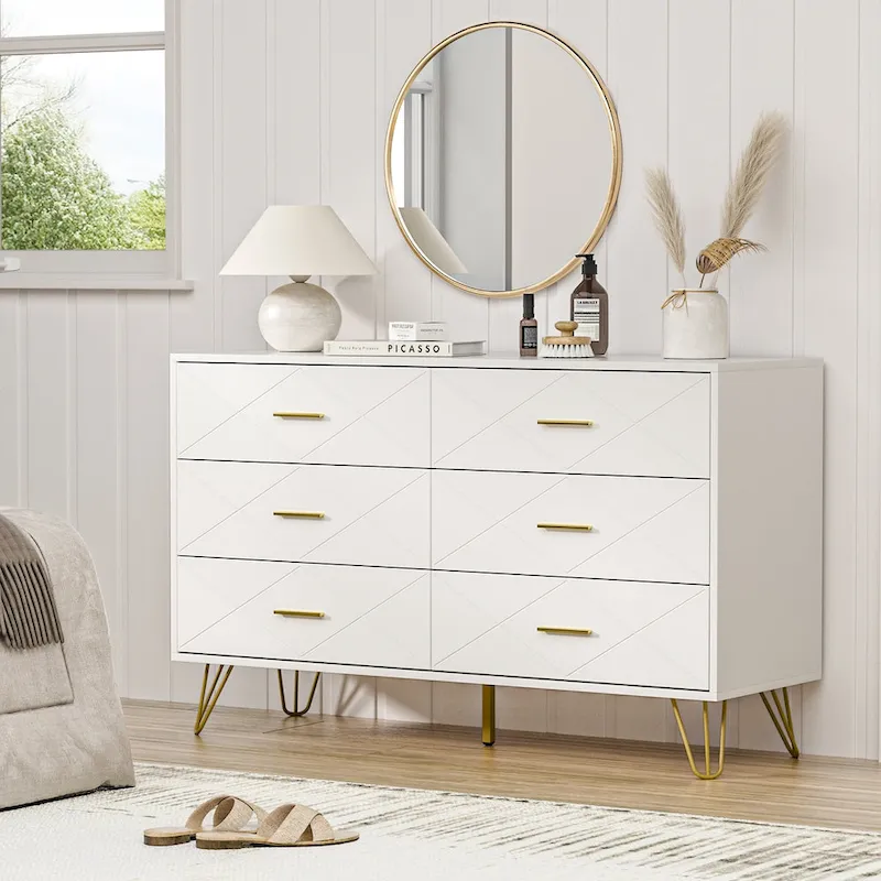 6-Drawer Fluted Dresser for Bedroom with Wide Top and Gold Handles