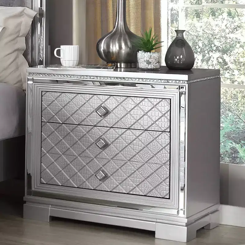 Silver, Glam Style, 1-Person 2-Drawer Nightstand with USB Port