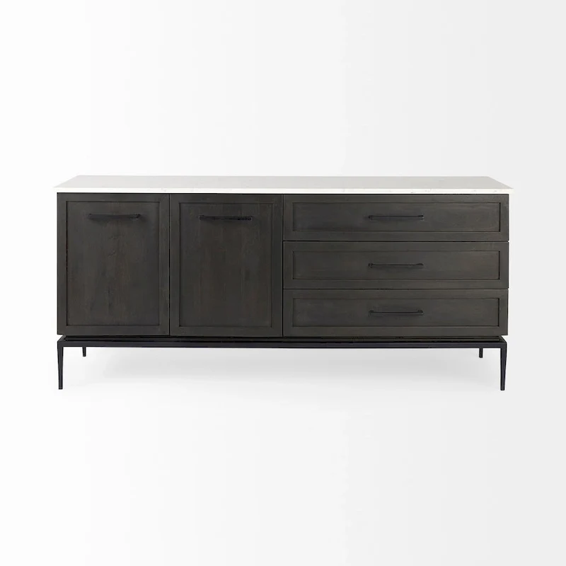 Divina Dark Brown Wood w/ White Marble Top and Black Metal Base Sideboard - 71.0L x 18.5W x 32.0H