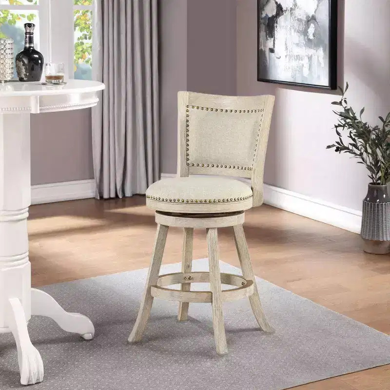 Ivory Linen Swivel Counter Stool, Mid Back, Nailhead Trim, Seats 1