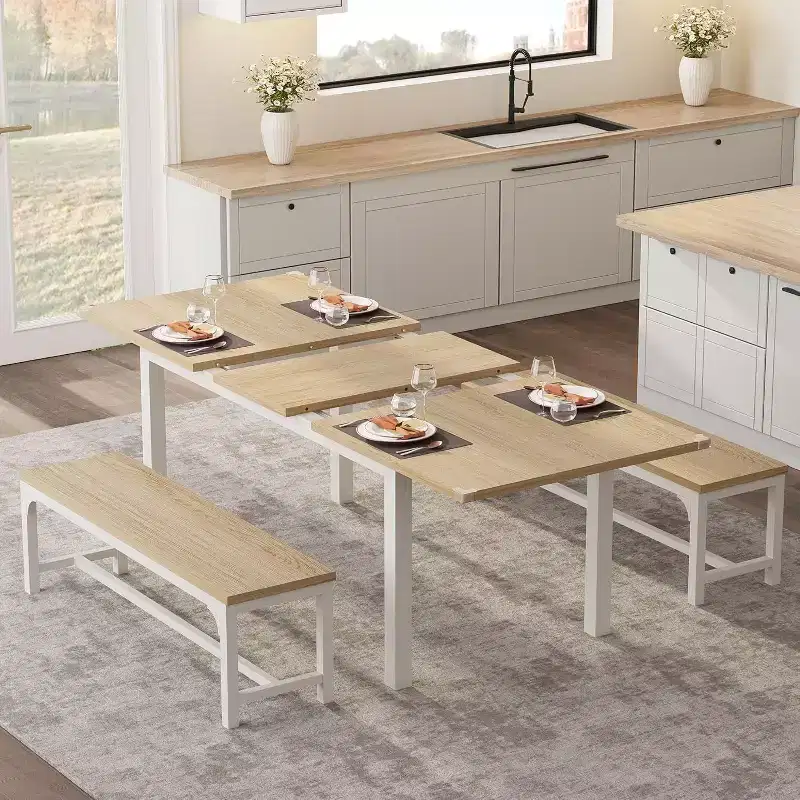 5 Pieces Dining Table Set for 4-6, Extendable Dining Room Table Set for 4, Kitchen Table with Benches and Stools, Dinner Table Set for Home